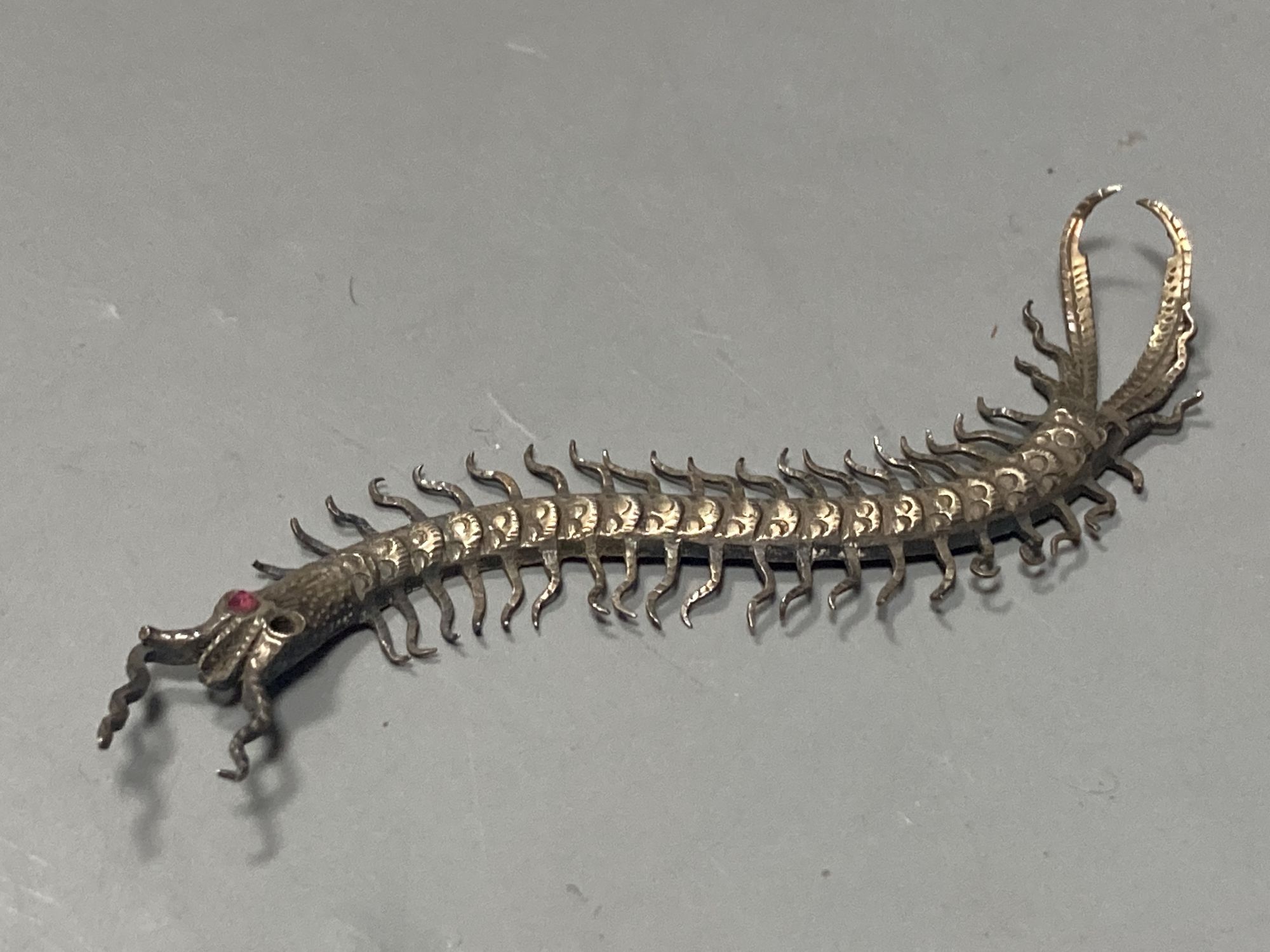 Five Indian? white metal miniature models of insects etc. including lizards, centipede and a scorpion, largest 87mm.